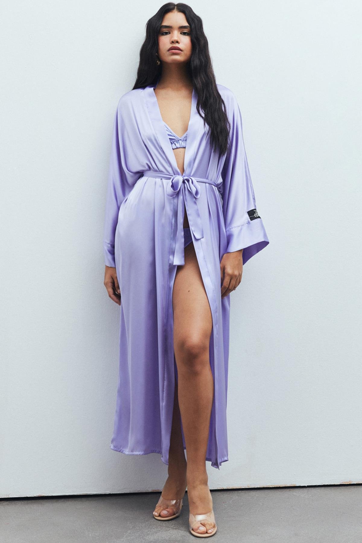 Frappant Lila Uzun Saten Sabahlık / Kimono