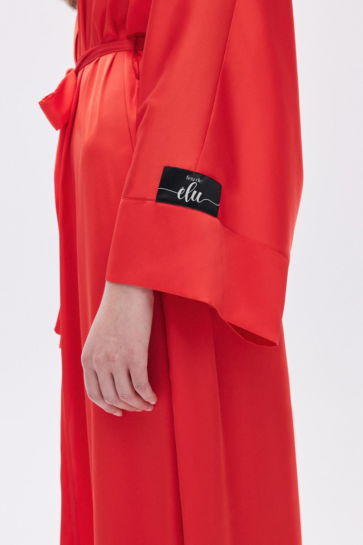 Frappant Nar Çiçeği Uzun Saten Sabahlık / Kimono