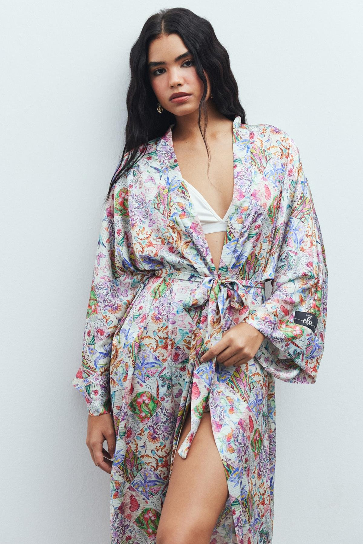 Frappant Petit Desenli Uzun Saten Sabahlık / Kimono