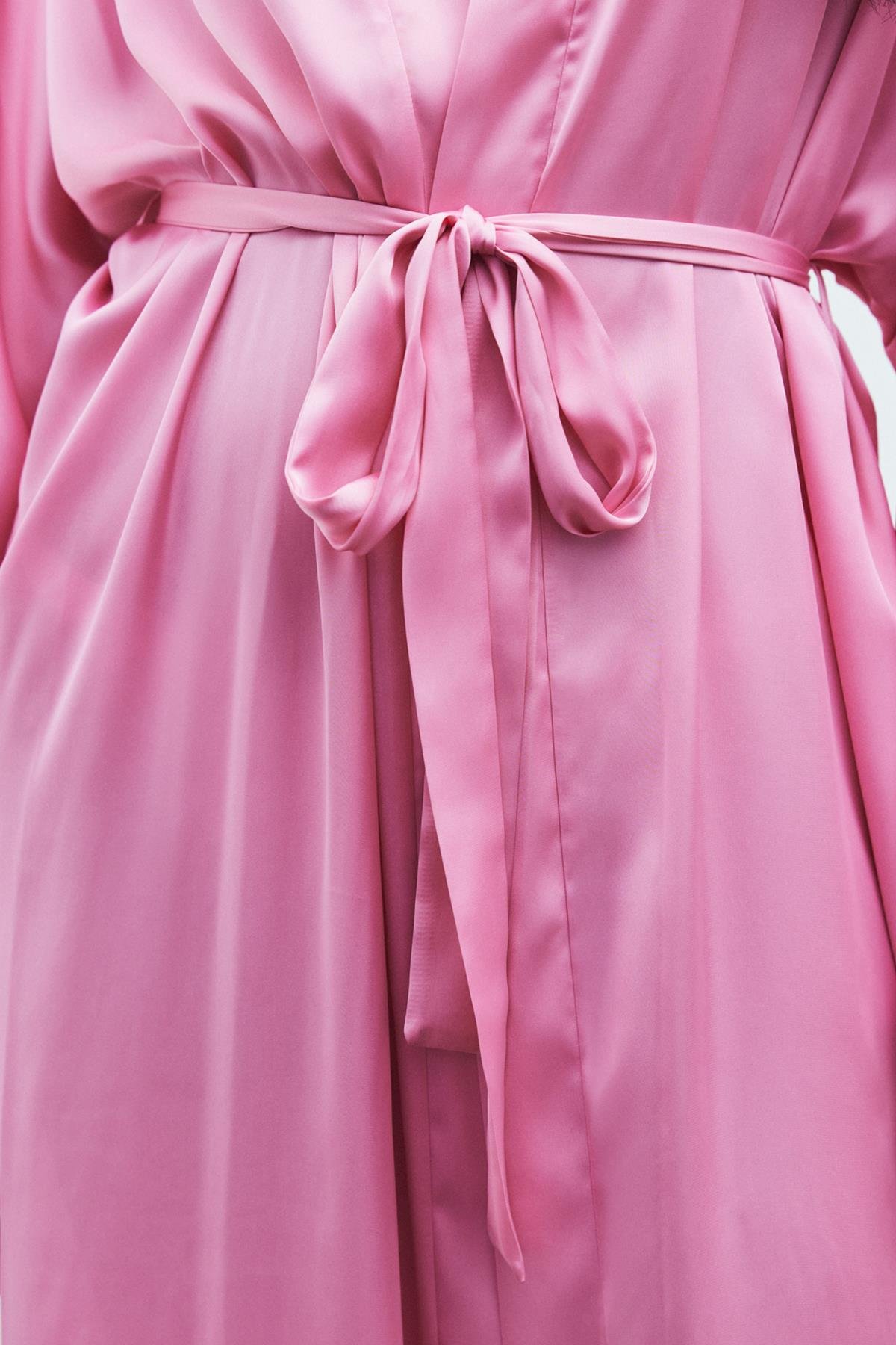 Frappant Şeker Pembesi Uzun Saten Sabahlık / Kimono