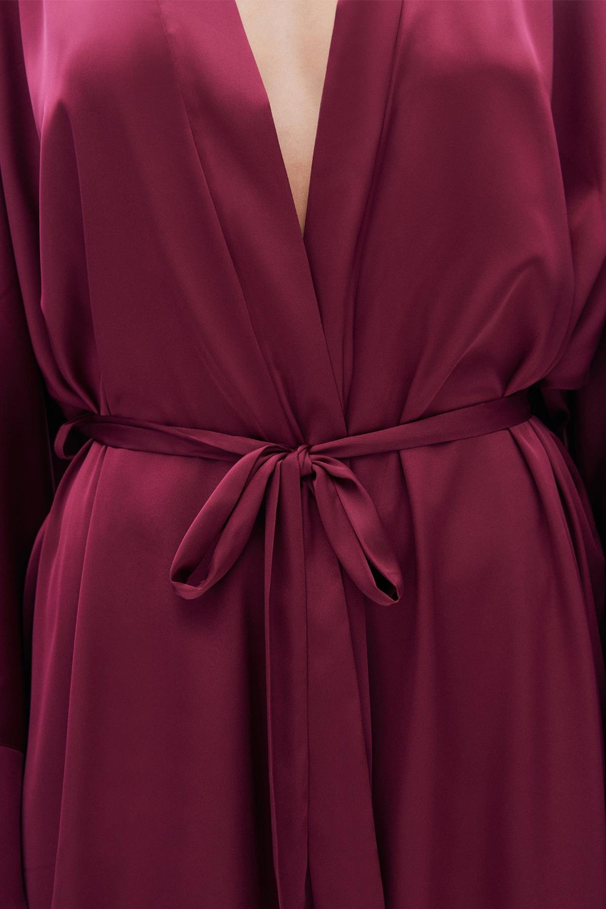 Fumée Bordo Kısa Saten Sabahlık / Kimono