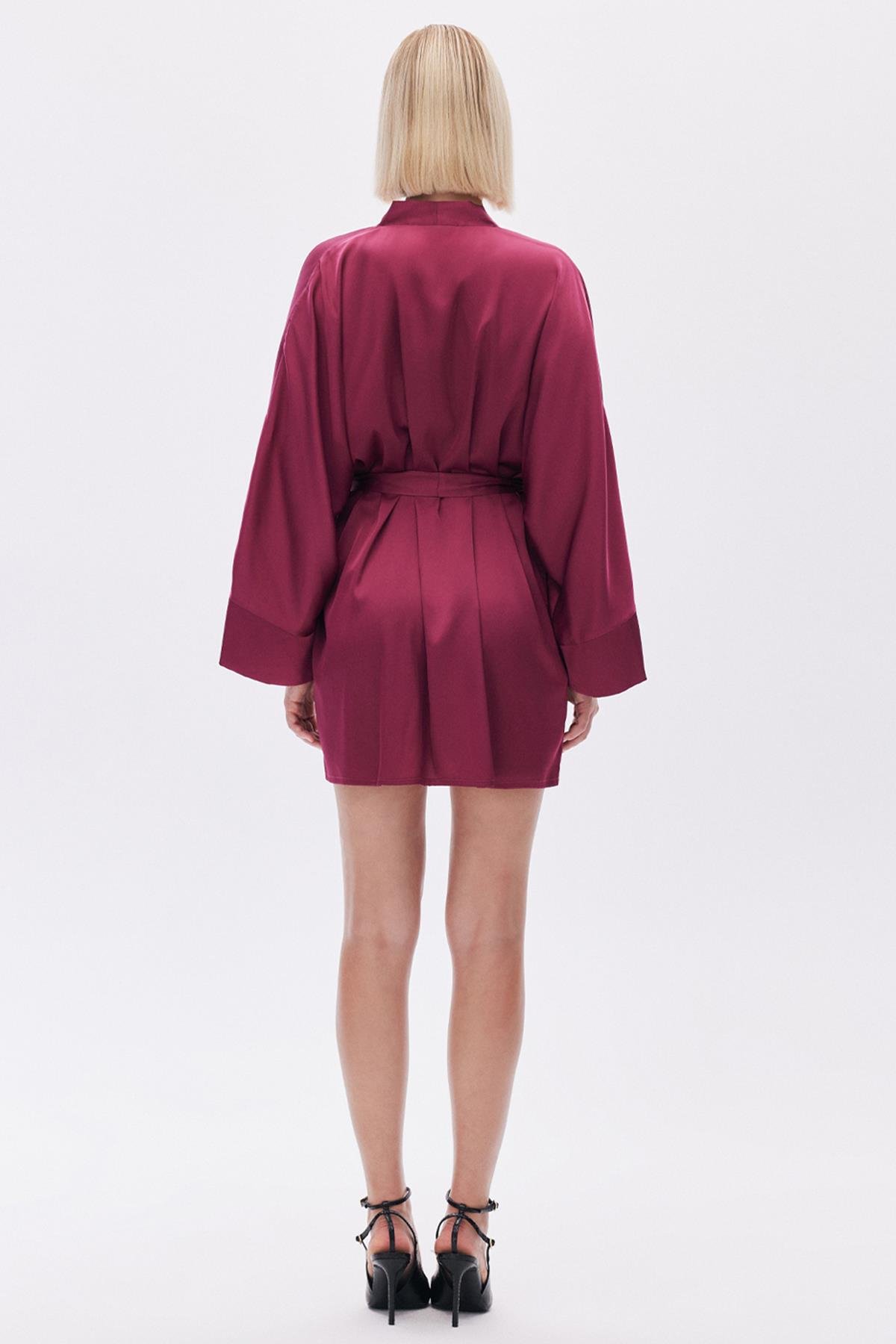 Fumée Bordo Kısa Saten Sabahlık / Kimono