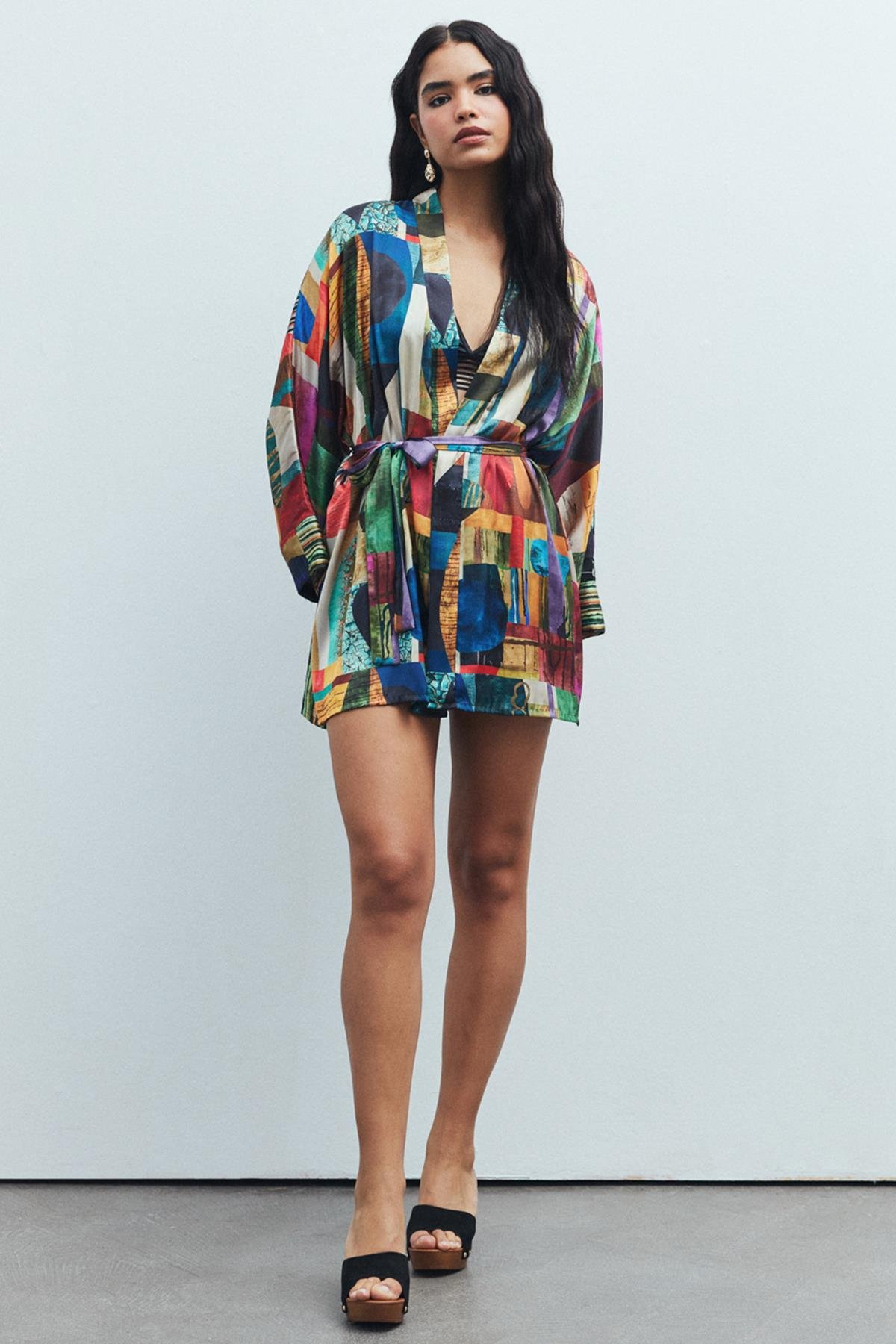 Fumée Coloré Desenli Kısa Saten Sabahlık / Kimono