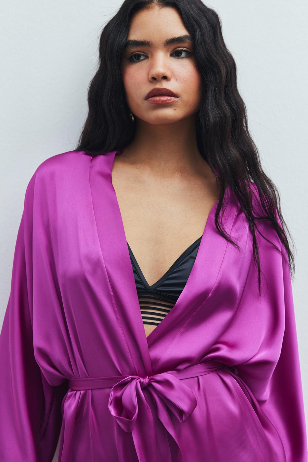 Fumée Fuşya Kısa Saten Sabahlık / Kimono