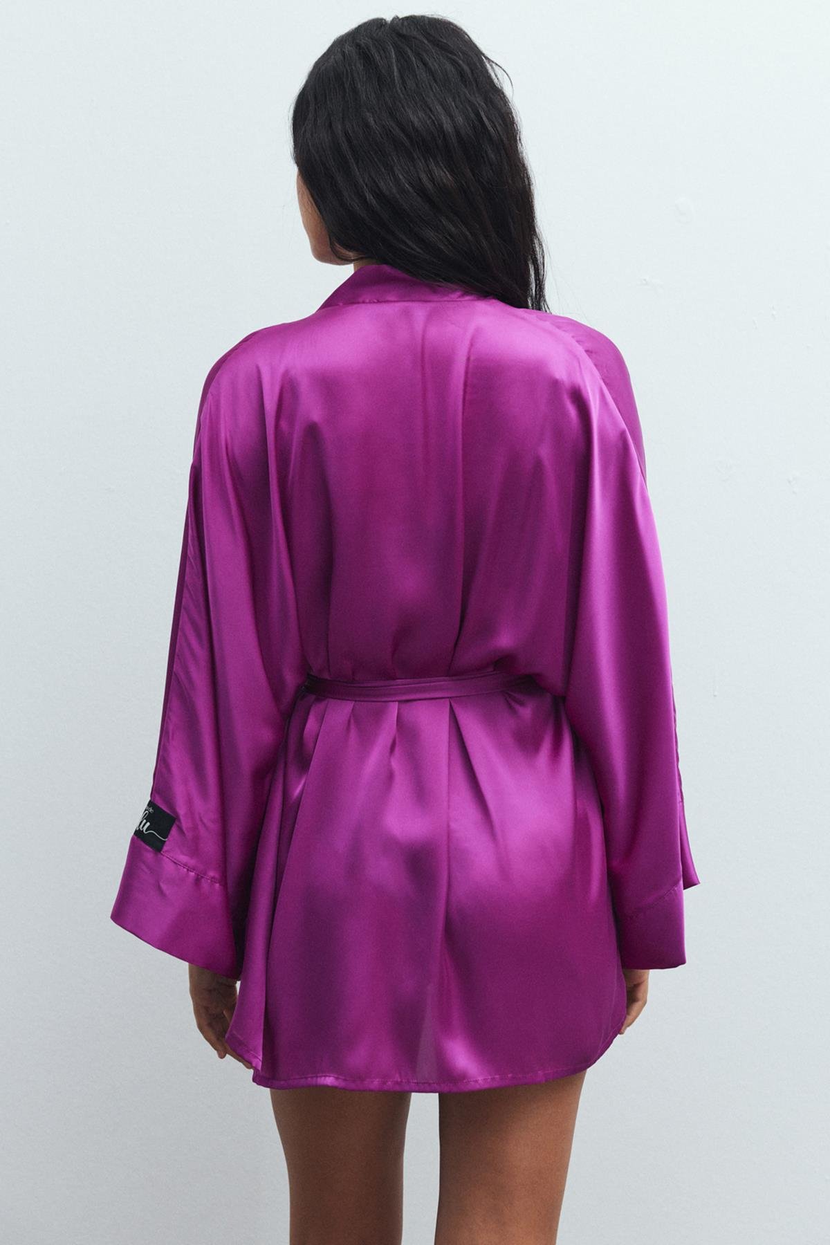 Fumée Fuşya Kısa Saten Sabahlık / Kimono