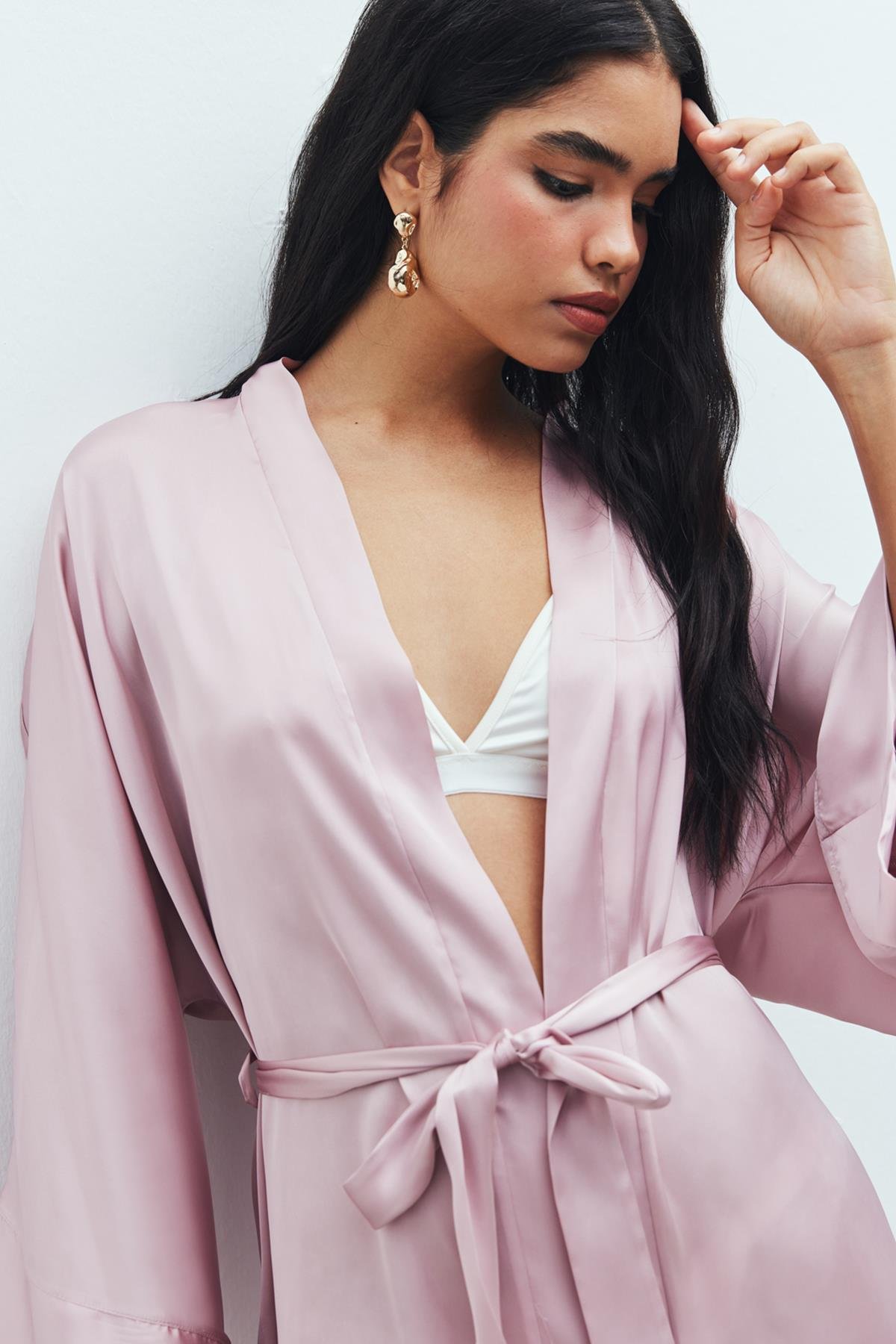 Fumée Gül Kurusu Kısa Saten Sabahlık / Kimono