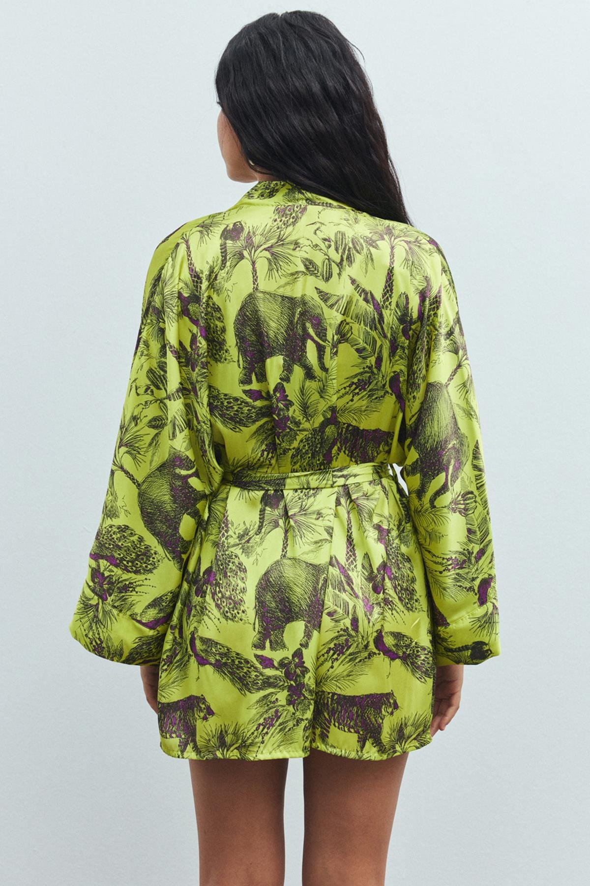 Fumée Jardin Desenli Kısa Saten Sabahlık / Kimono