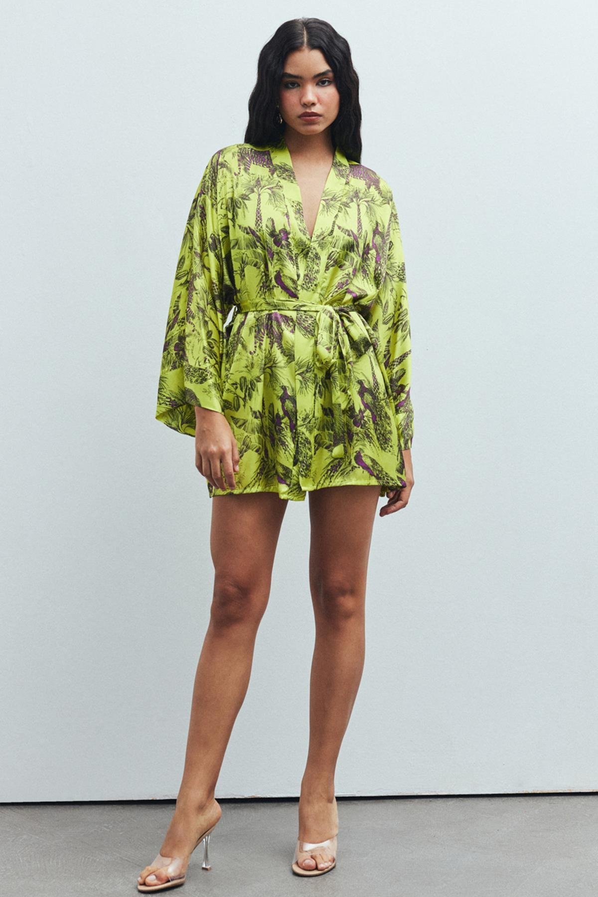 Fumée Jardin Desenli Kısa Saten Sabahlık / Kimono