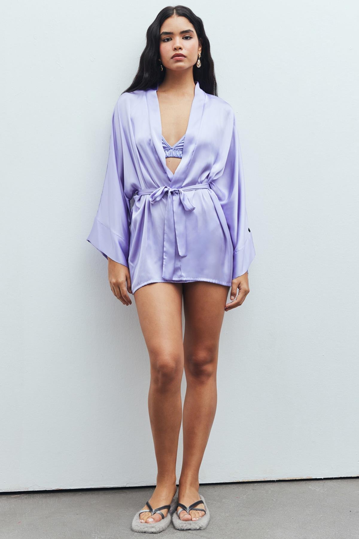 Fumée Lila Kısa Saten Sabahlık / Kimono