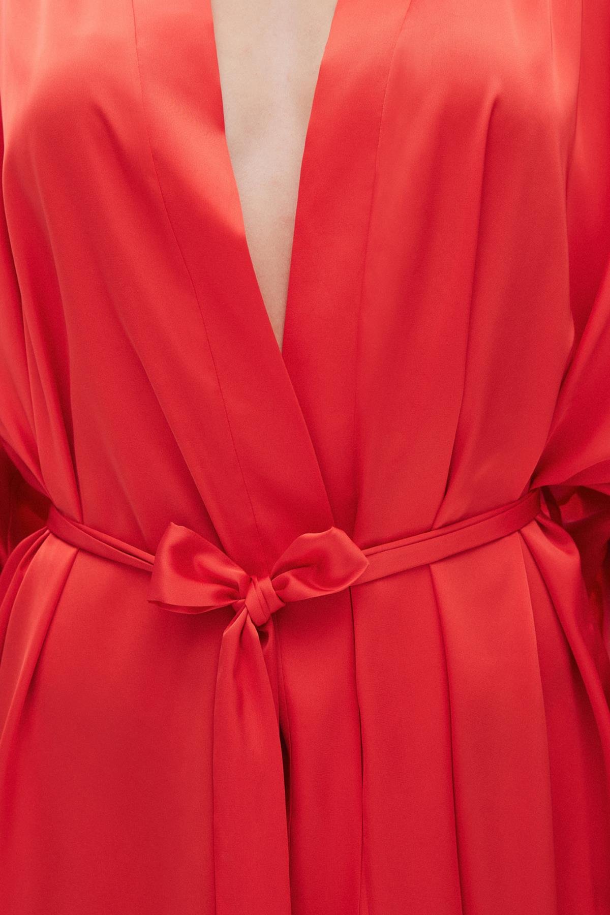 Fumée Nar Çiçeği Kısa Saten Sabahlık / Kimono