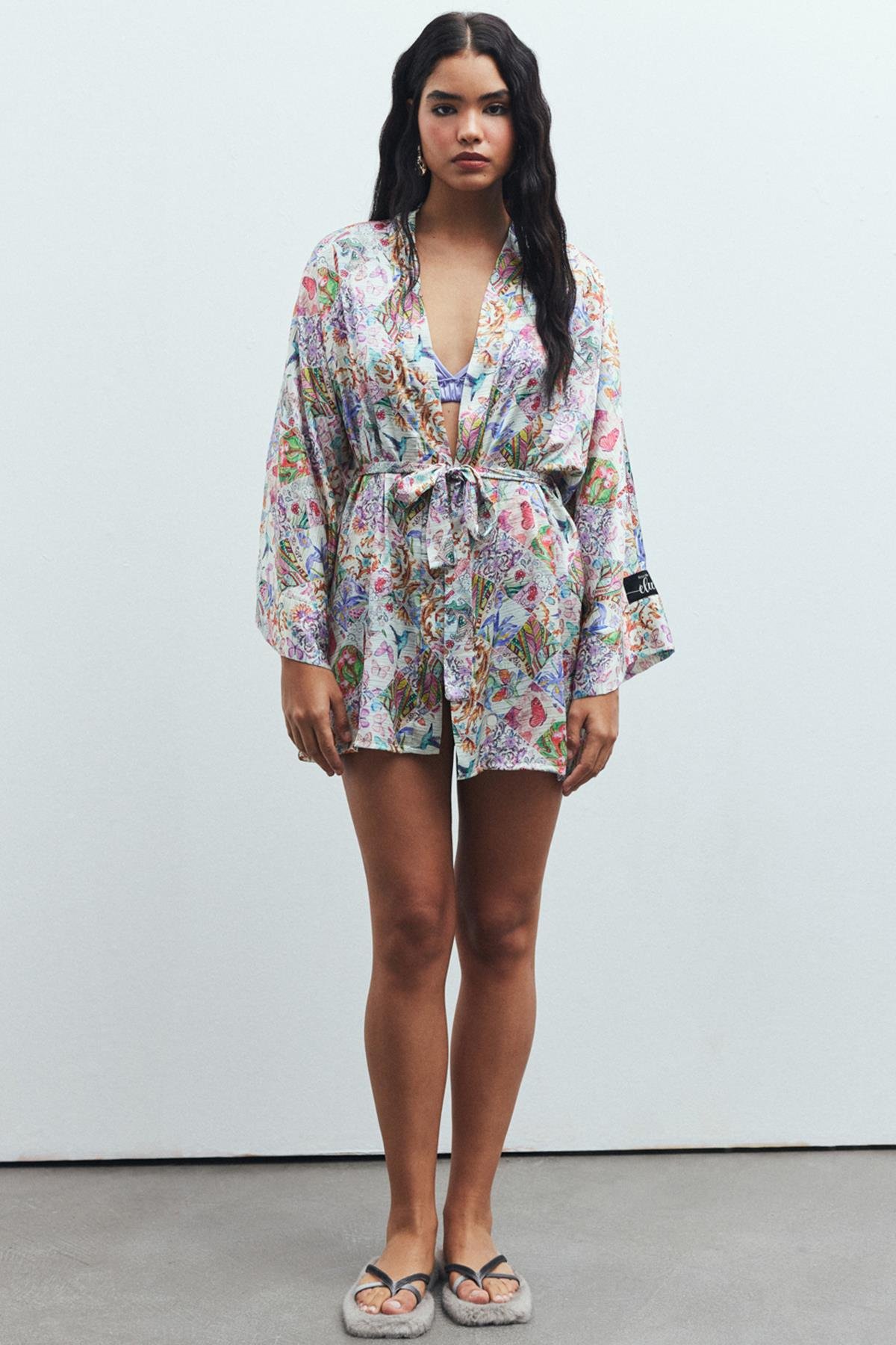 Fumée Petit Desenli Kısa Saten Sabahlık / Kimono