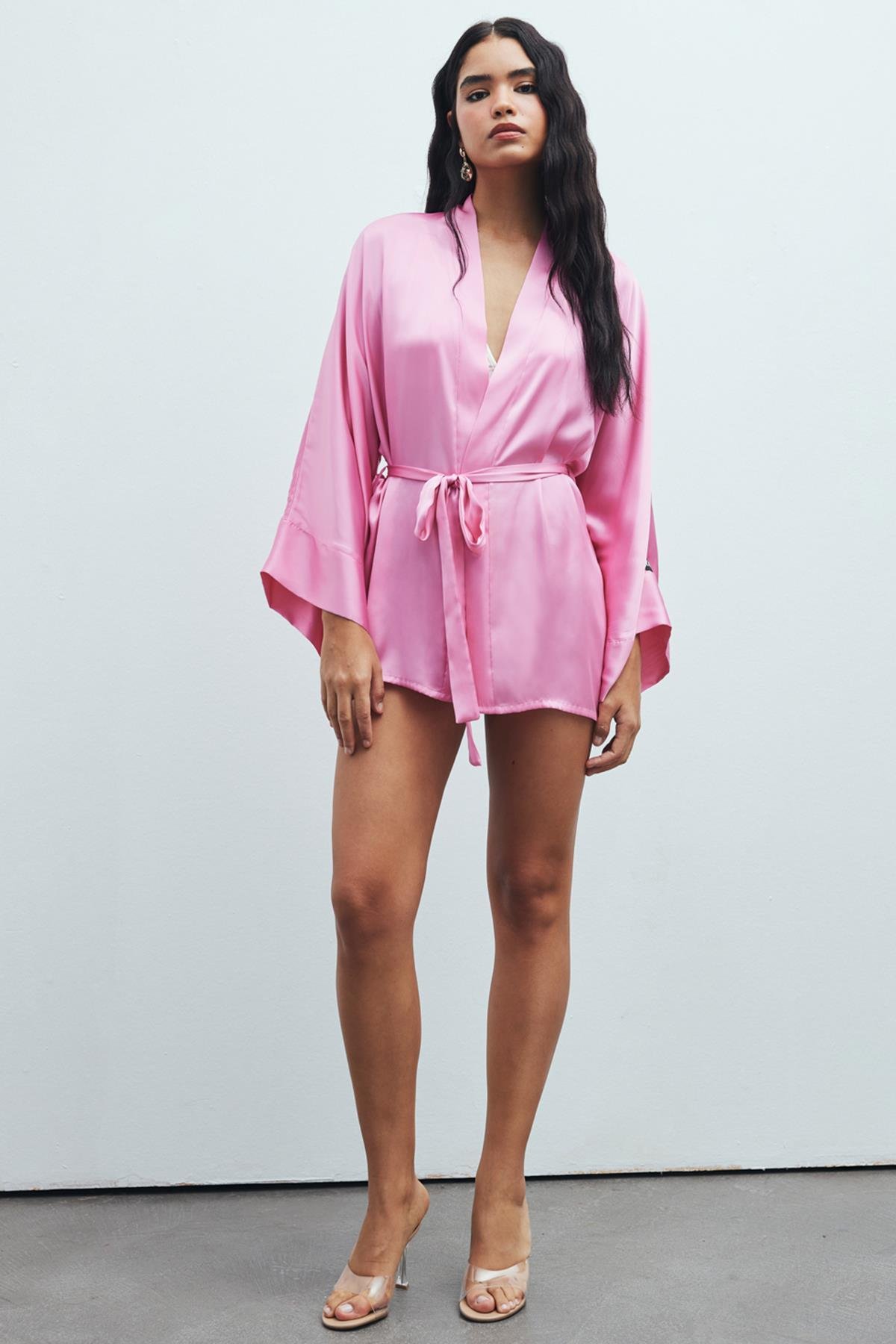 Fumée Şeker Pembesi Kısa Saten Sabahlık / Kimono