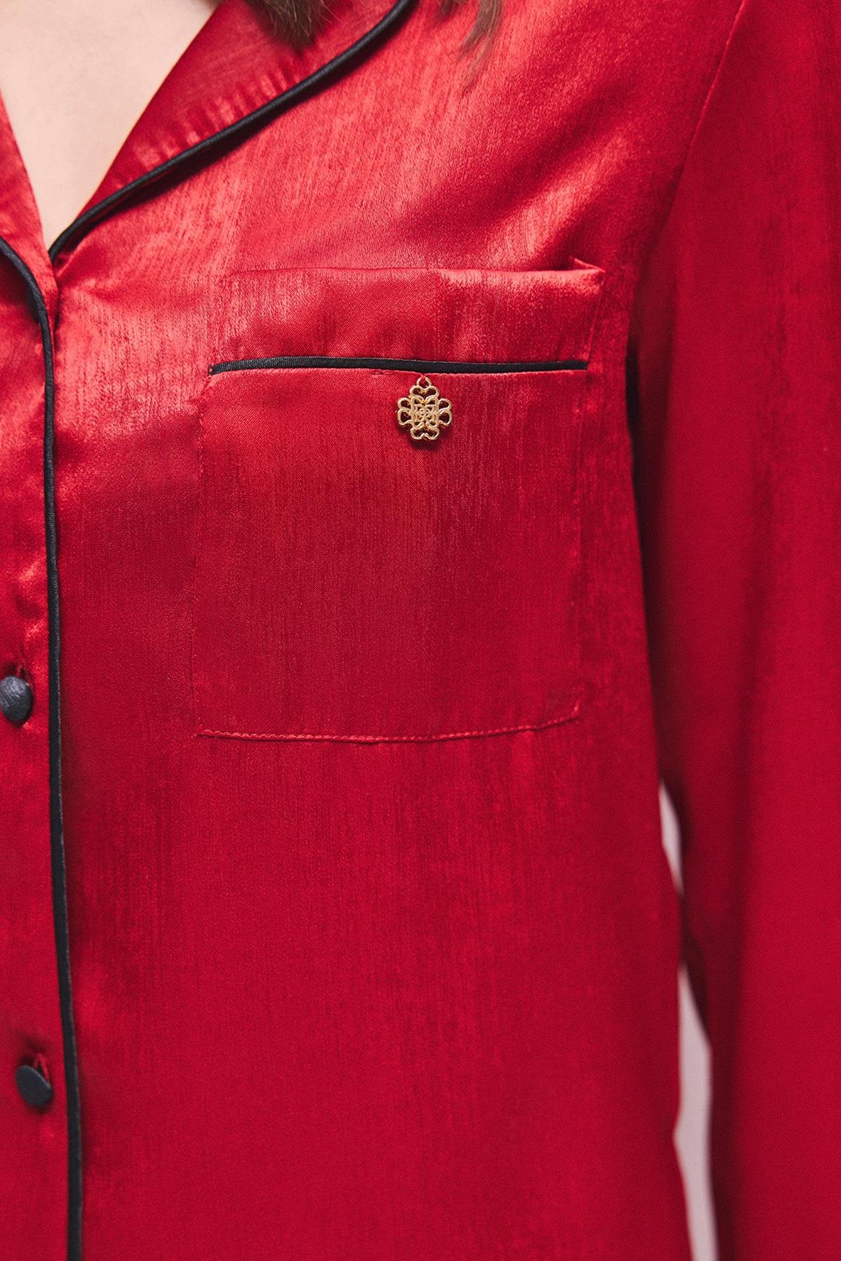 Huly Saten Bordo Uzun Pijama Takım