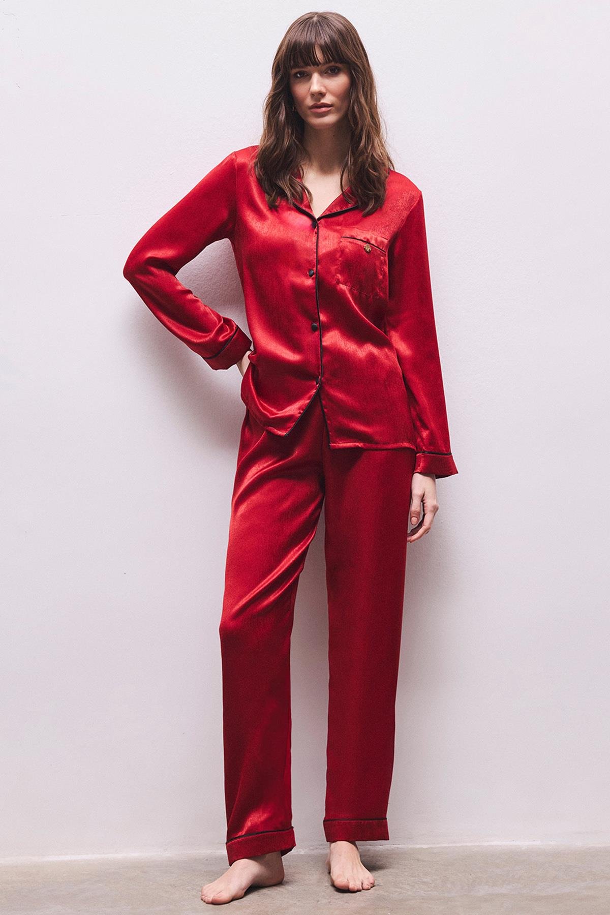 Huly Saten Bordo Uzun Pijama Takım