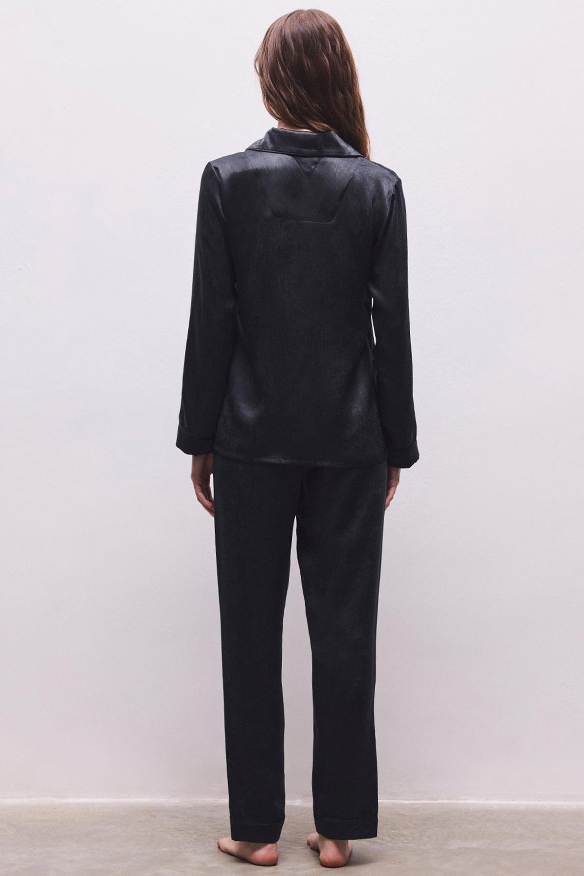 Huly Saten Siyah Uzun Pijama Takım