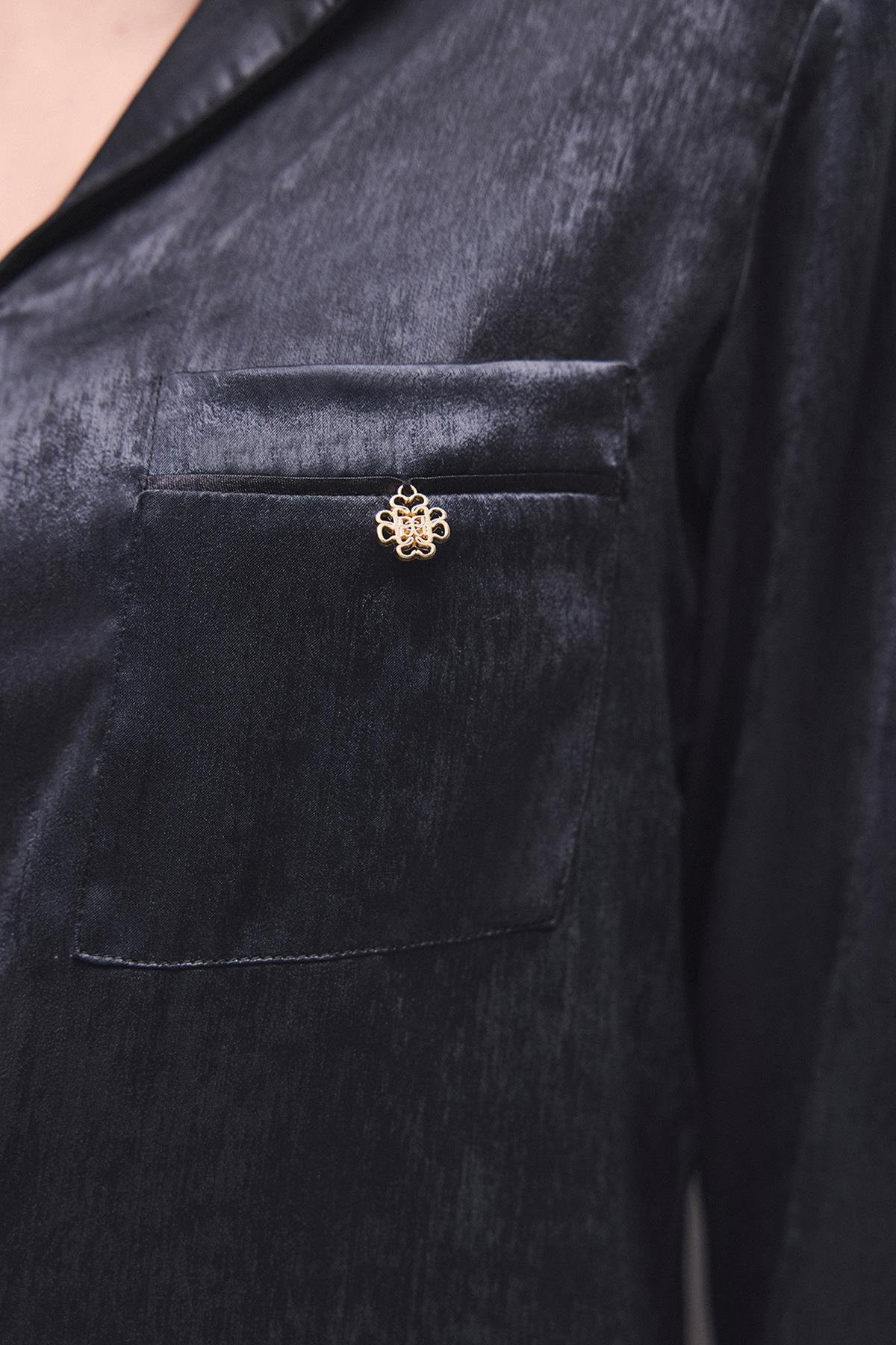 Huly Saten Siyah Uzun Pijama Takım