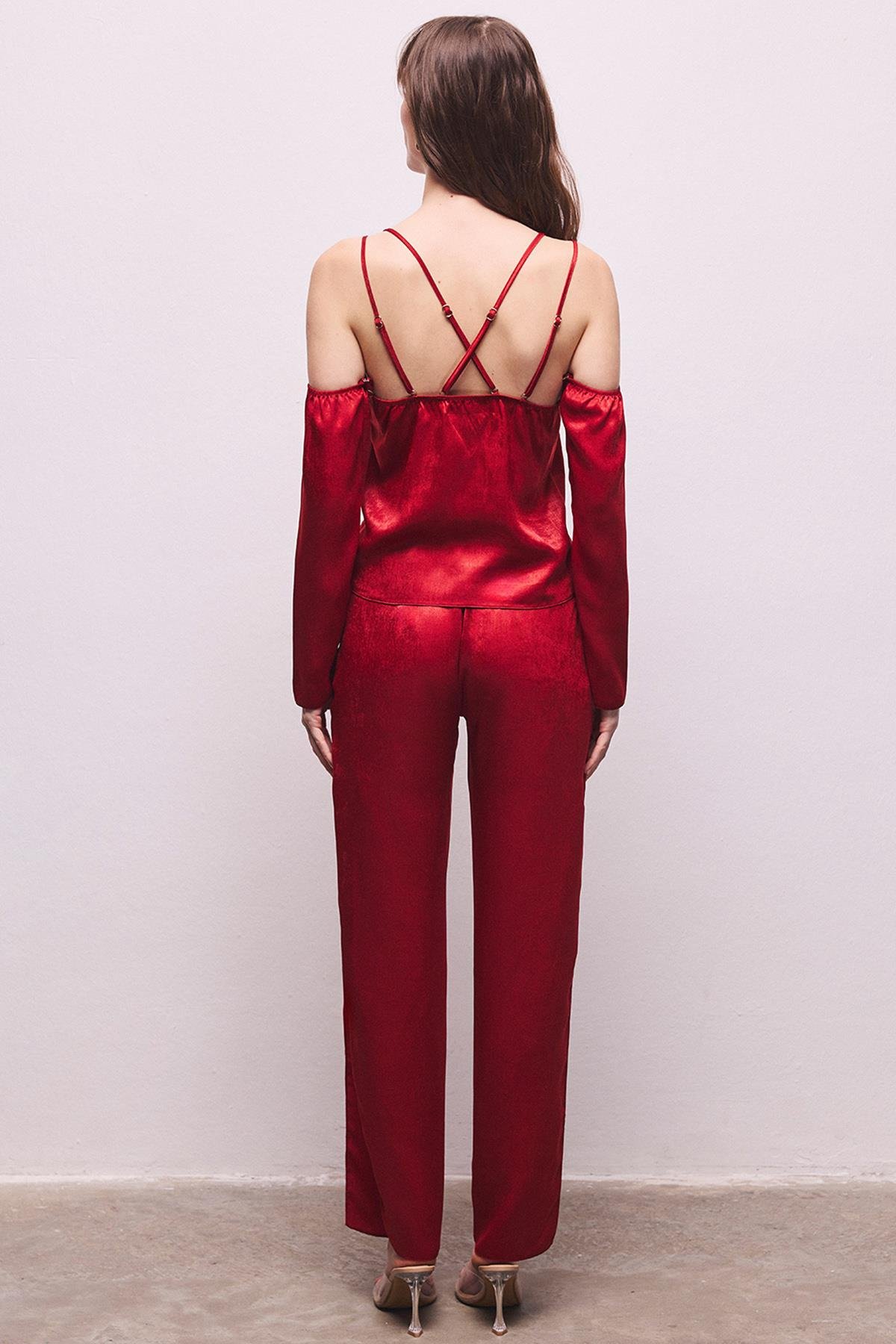 Lax Grogren Detailed Satin Bordeaux Long Pajama Set