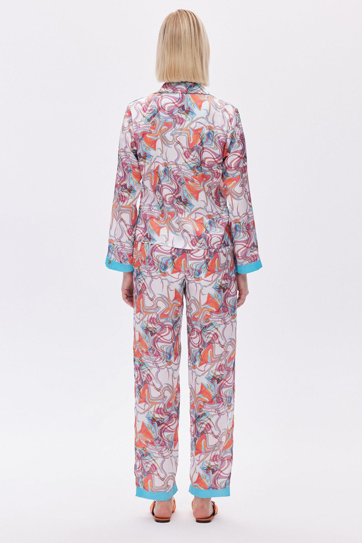 Leyiza Desenli Uzun Saten Pijama Takımı