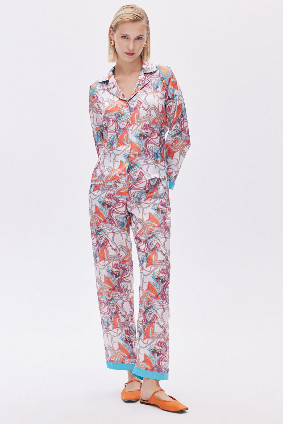 Leyiza Desenli Uzun Saten Pijama Takımı