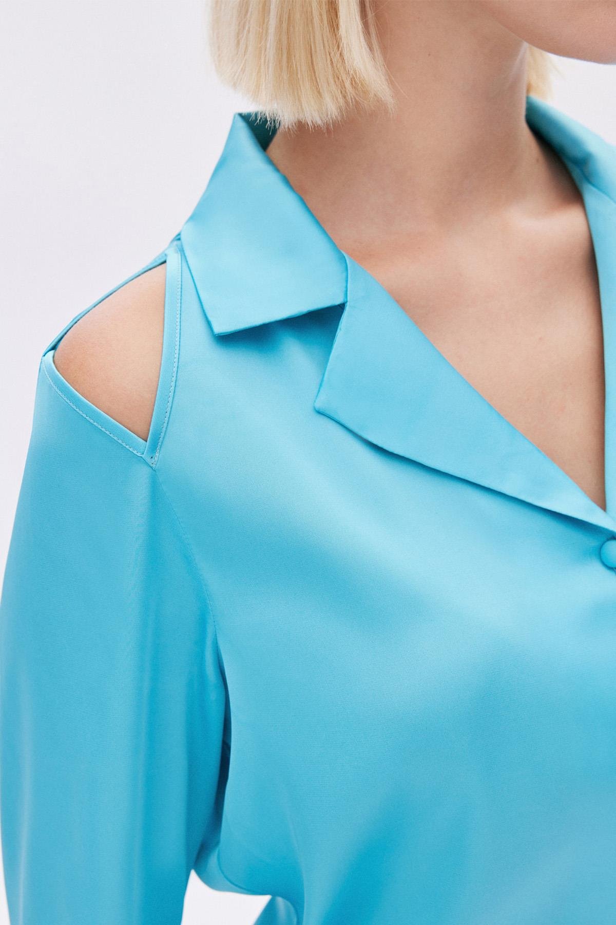 Leyiza Elu Mavisi Uzun Saten Pijama Takımı