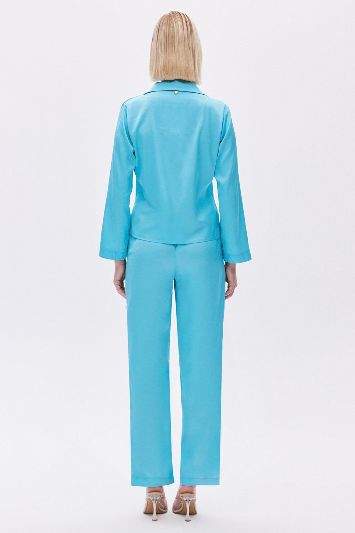 Leyiza Elu Mavisi Uzun Saten Pijama Takımı