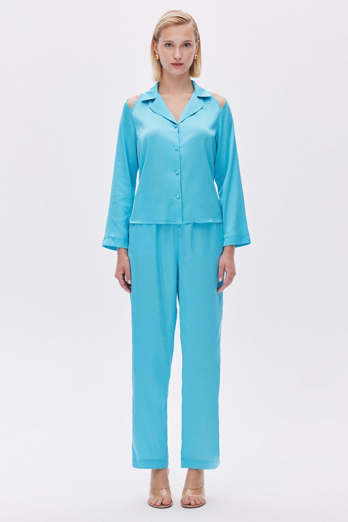 Leyiza Elu Mavisi Uzun Saten Pijama Takımı