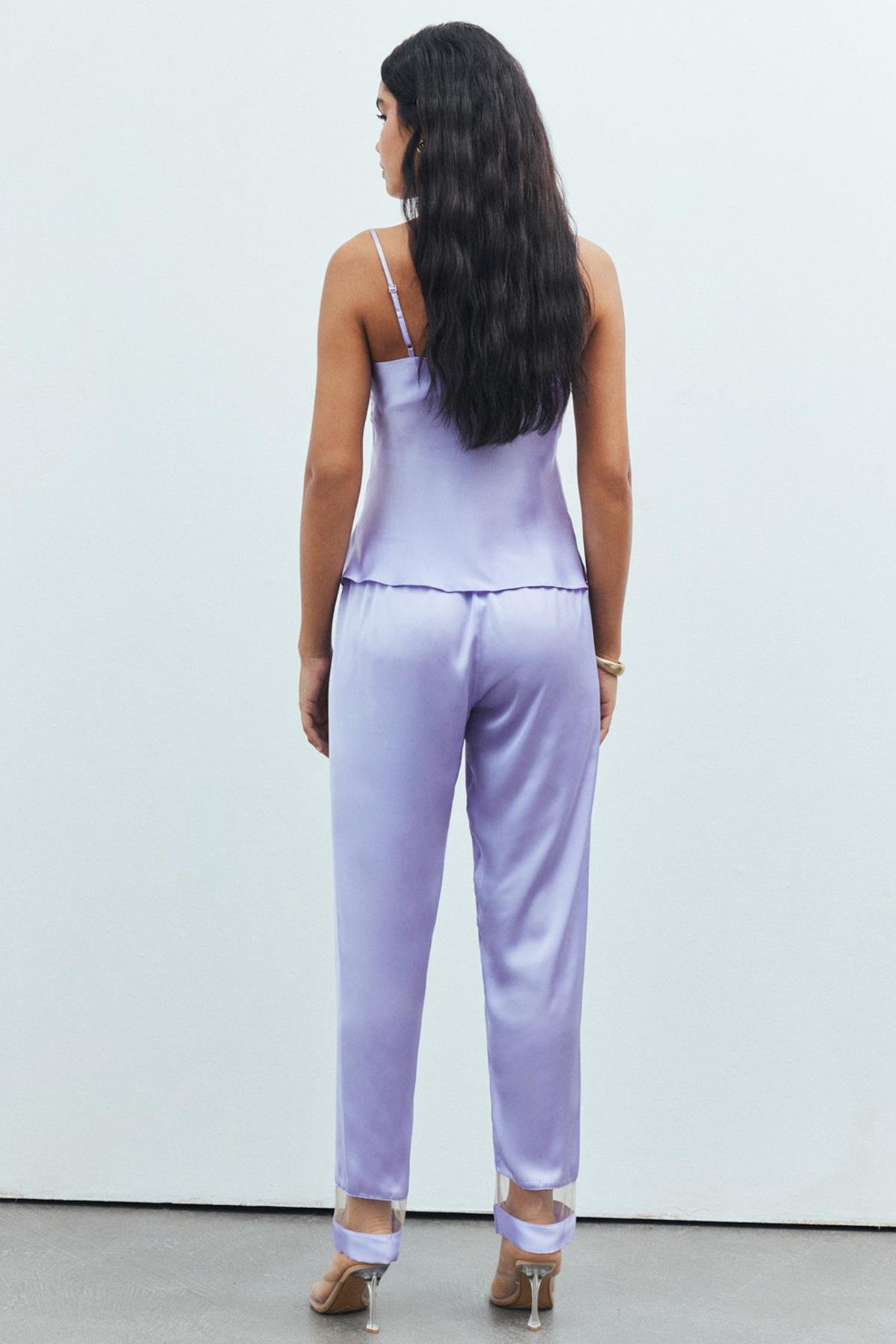 Libre Tulle Detailed Satin Lilac Strap Long Pajama Set