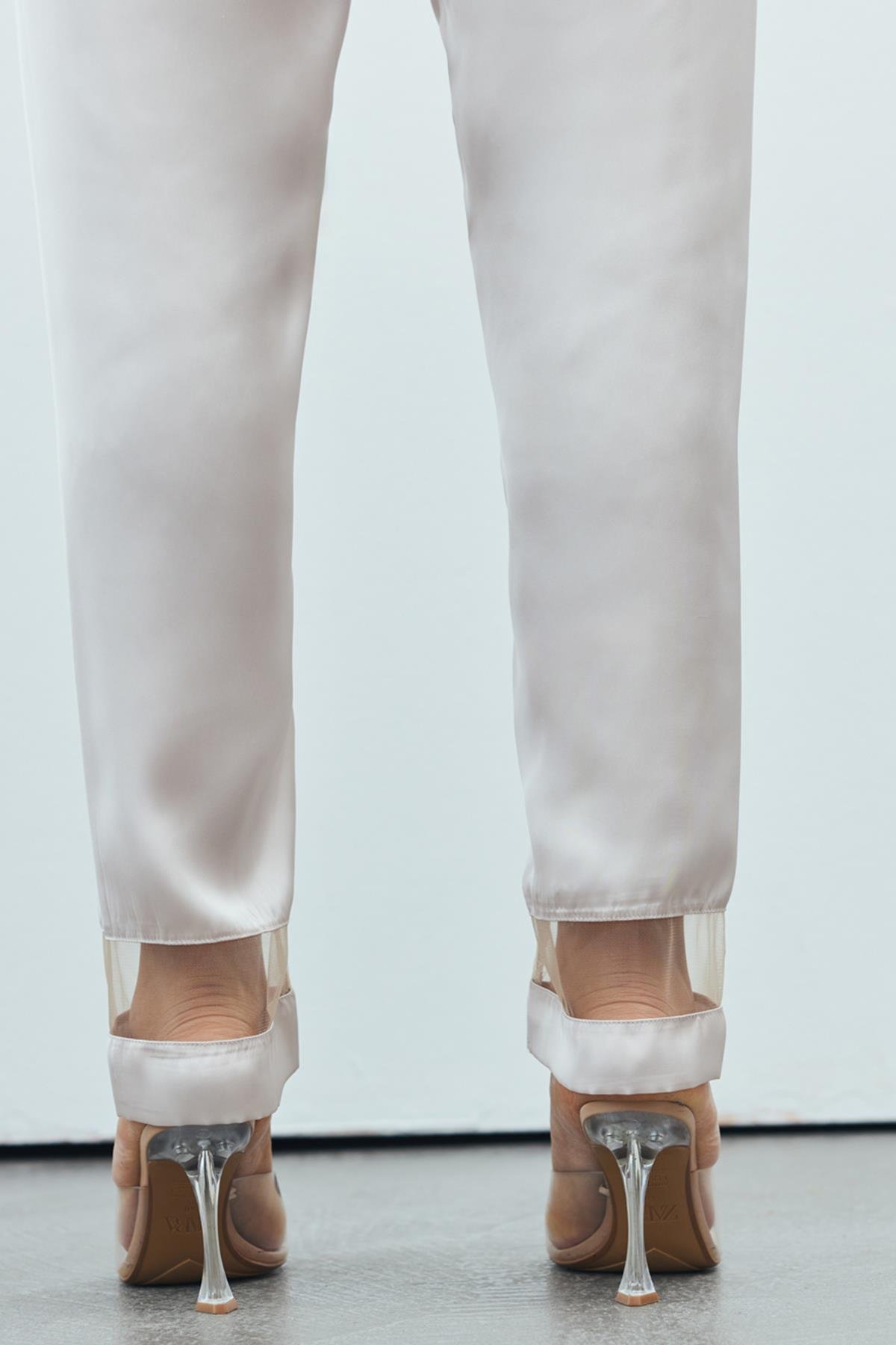 Libre Tulle Detailed Satin Stone Color Strap Long Pajama Set