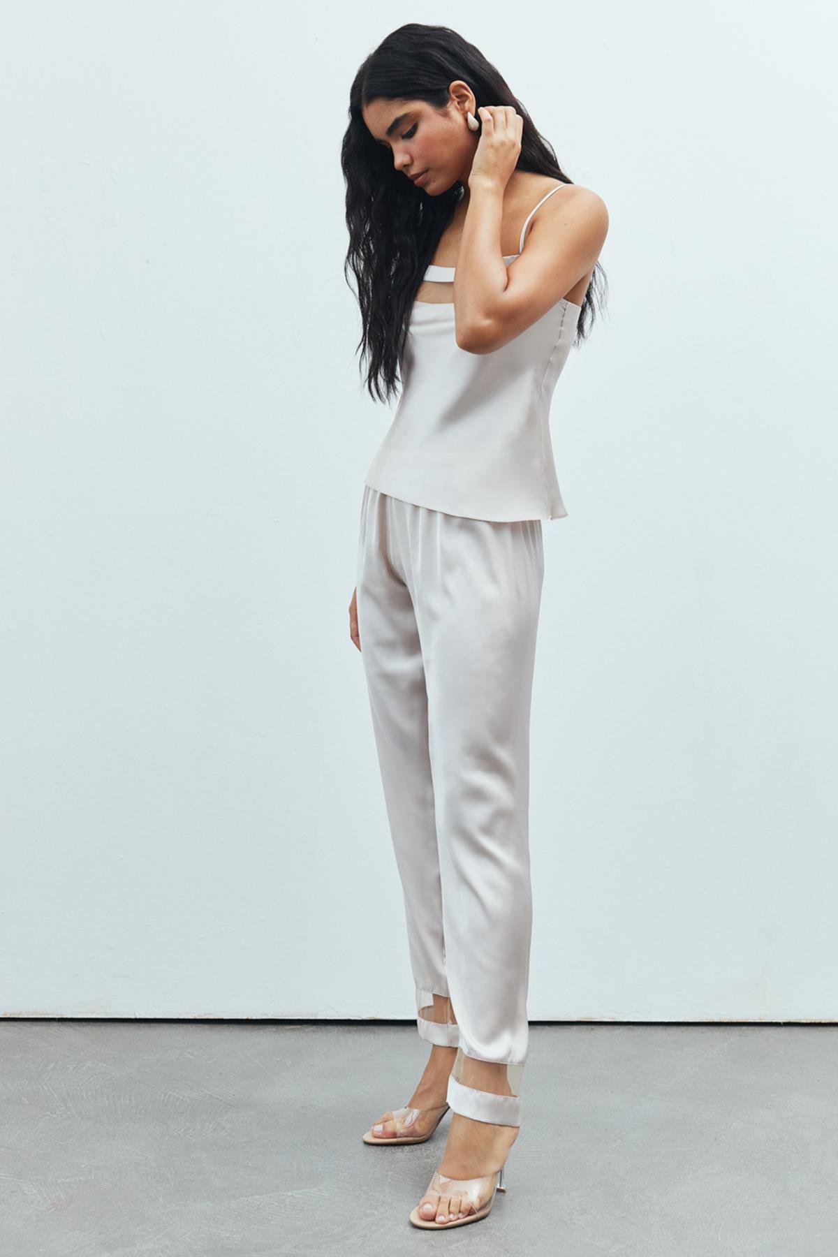 Libre Tulle Detailed Satin Stone Color Strap Long Pajama Set