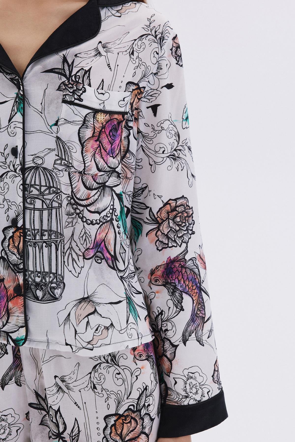 Maison Royale Desenli Saten Detaylı Uzun Viskon Pijama Takımı