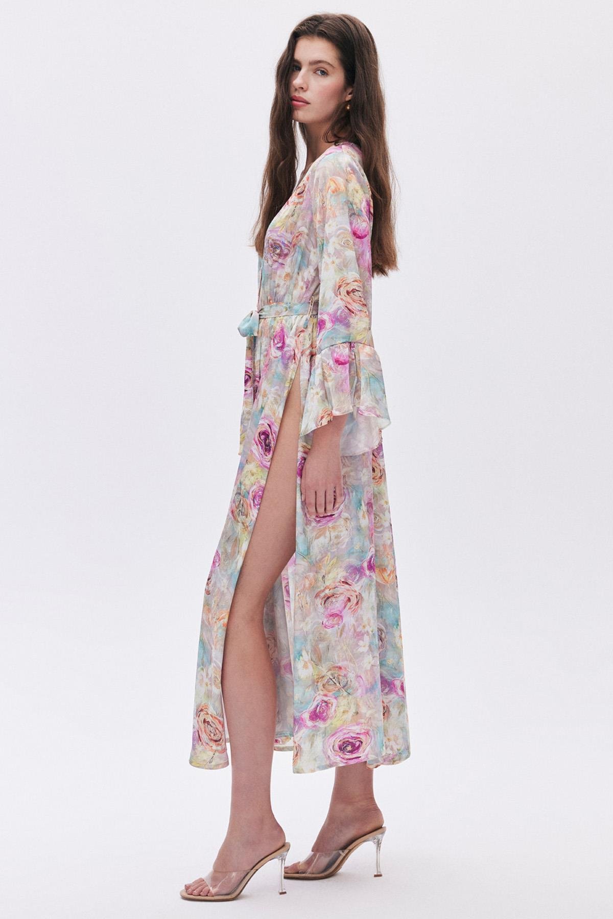 Marguerite Desenli Uzun Saten Sabahlık / Kimono