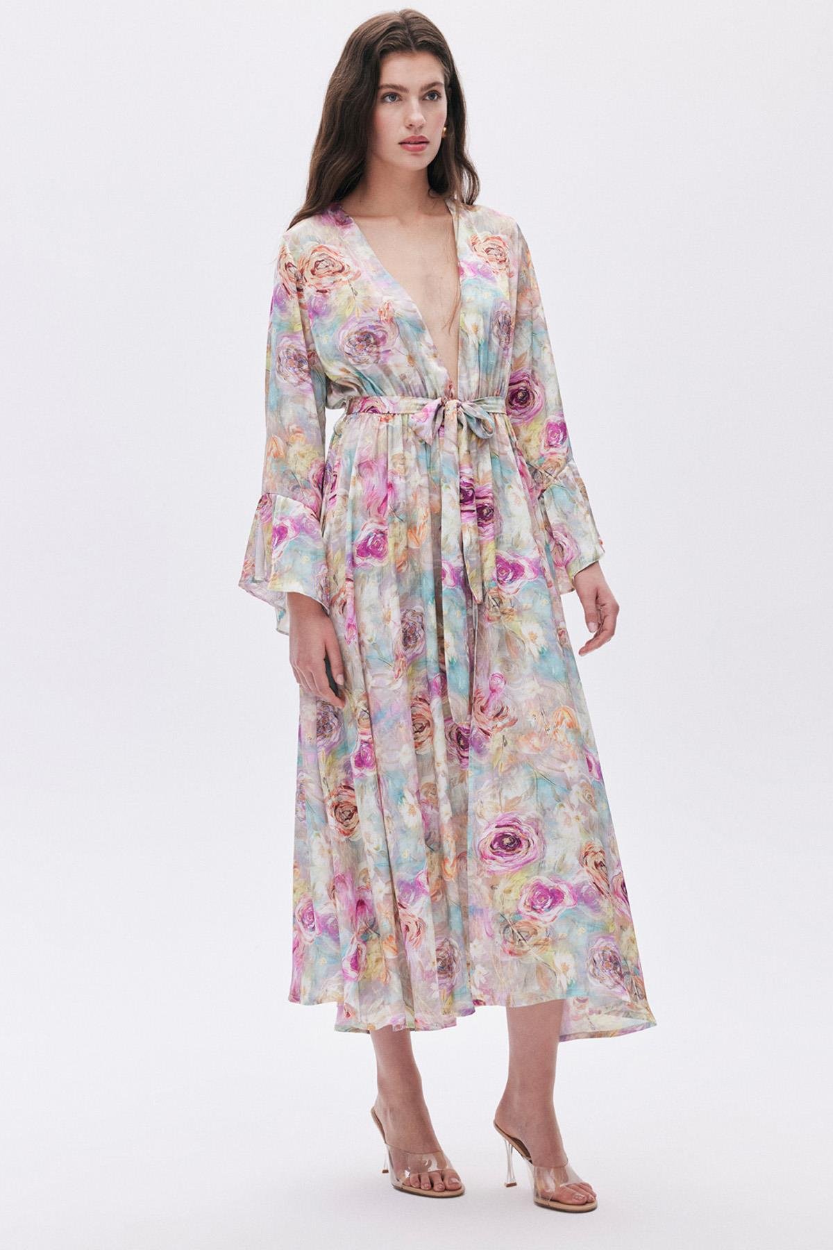 Marguerite Desenli Uzun Saten Sabahlık / Kimono