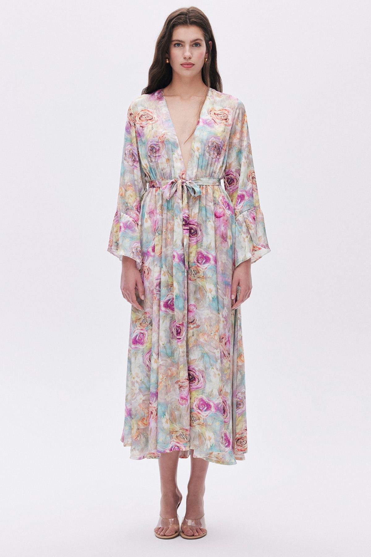 Marguerite Desenli Uzun Saten Sabahlık / Kimono