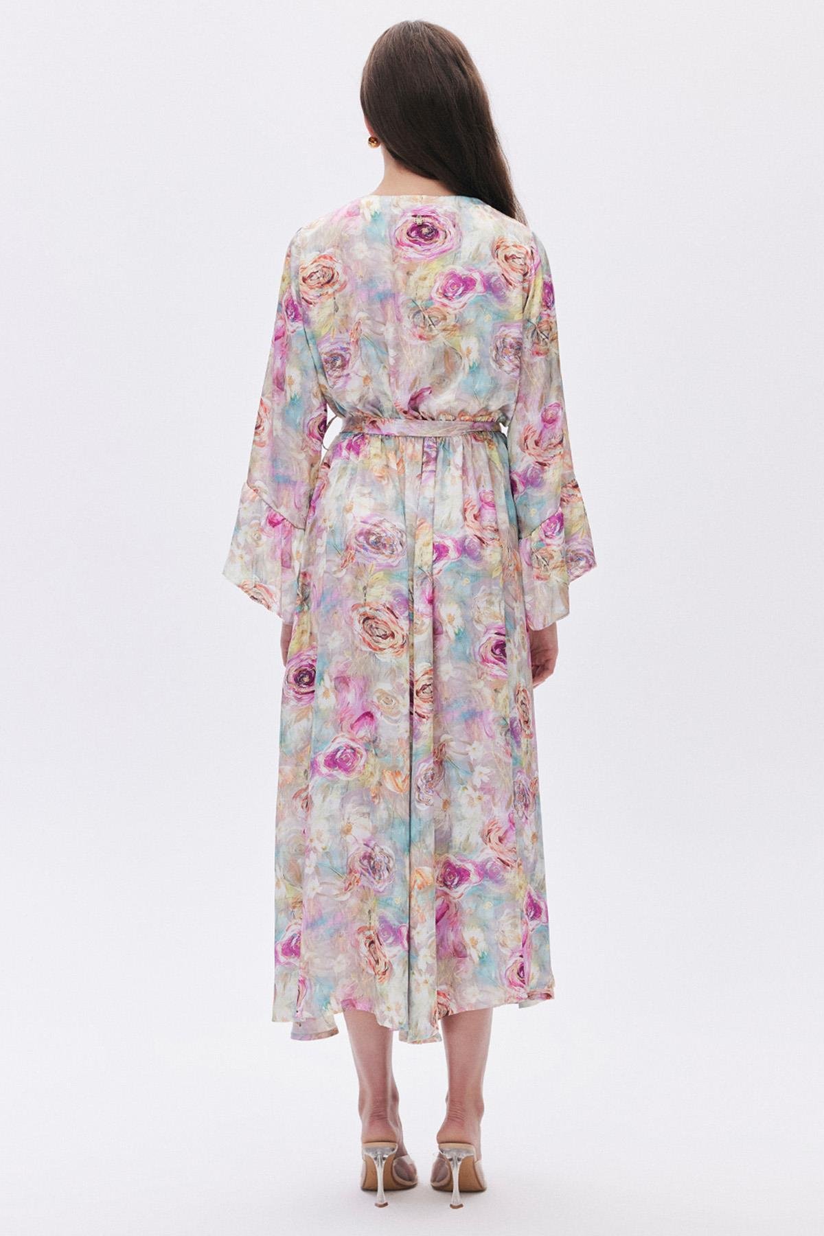 Marguerite Desenli Uzun Saten Sabahlık / Kimono