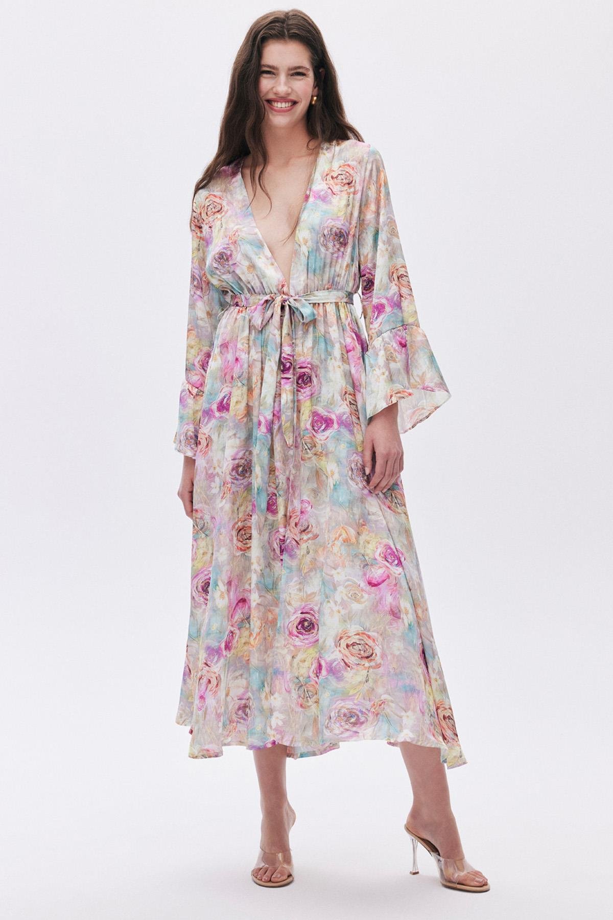 Marguerite Desenli Uzun Saten Sabahlık / Kimono
