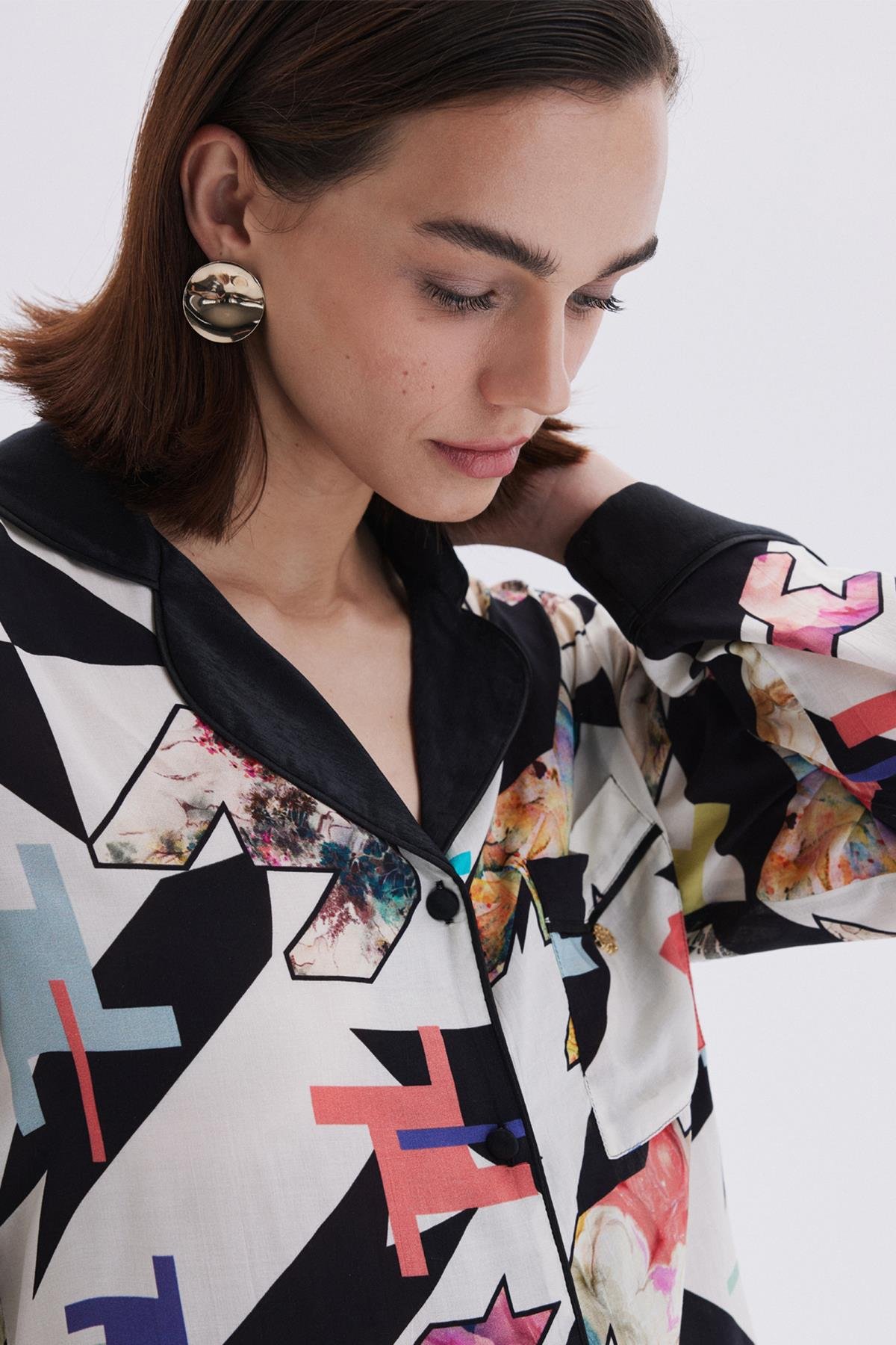 Mixte Desenli Saten Detaylı Uzun Viskon Pijama Takımı