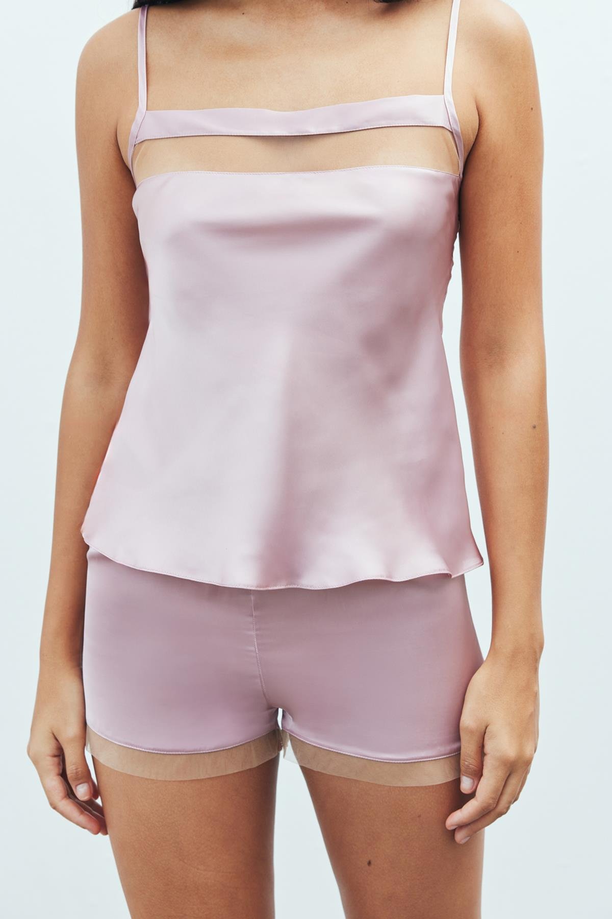 Nuit Tulle Detailed Satin Dried Rose Strap Pajama Set