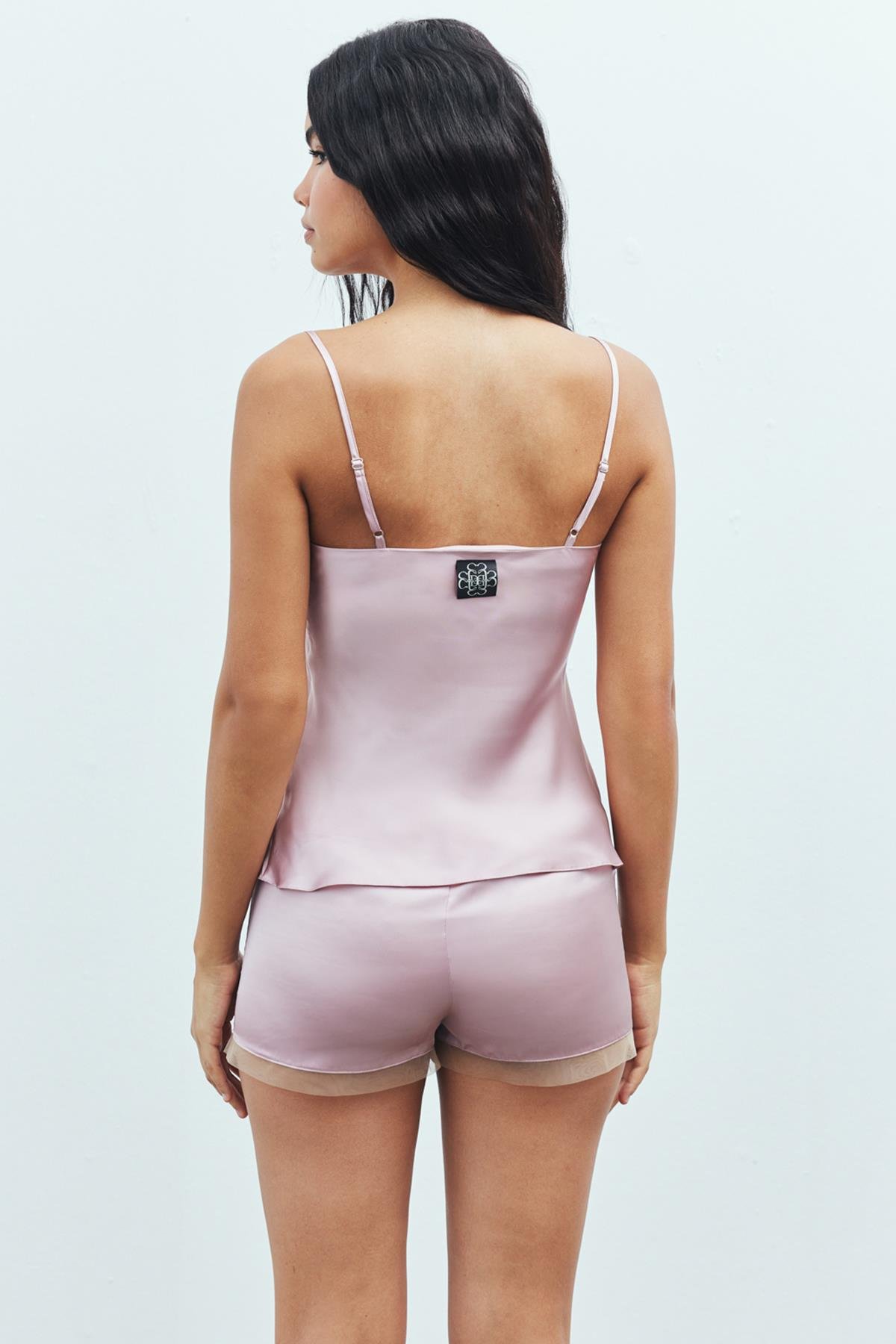 Nuit Tulle Detailed Satin Dried Rose Strap Pajama Set