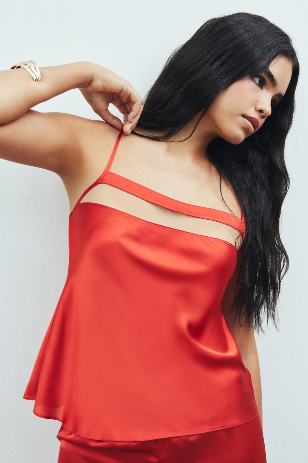 Nuit Tulle Detailed Satin Brick Color Strap Pajama Set