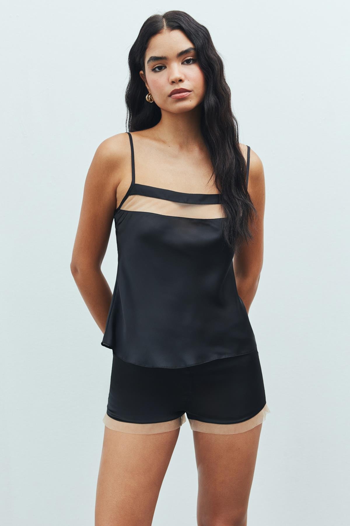 Nuit Tulle Detailed Satin Black Strap Pajama Set