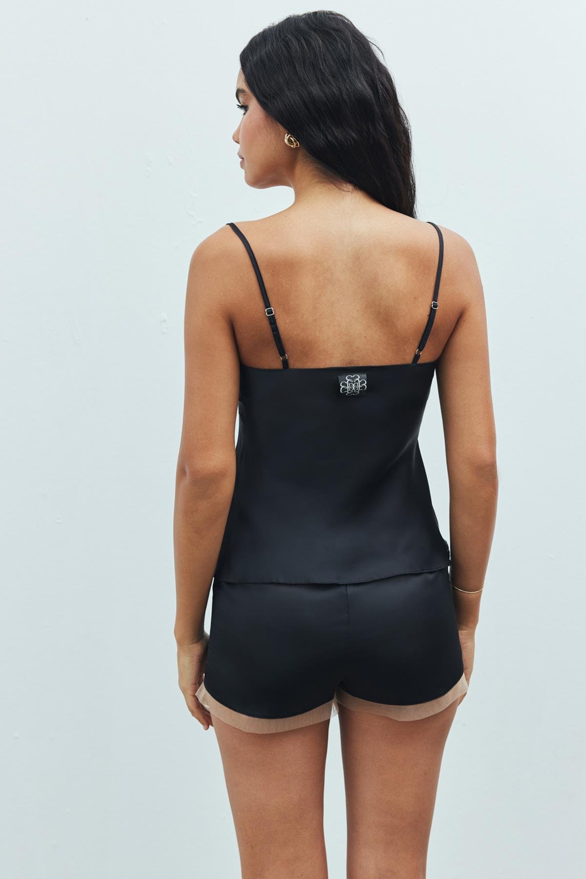 Nuit Tulle Detailed Satin Black Strap Pajama Set