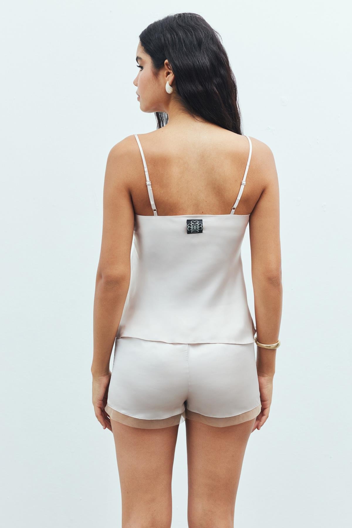 Nuit Tulle Detailed Satin Stone Color Strap Pajama Set