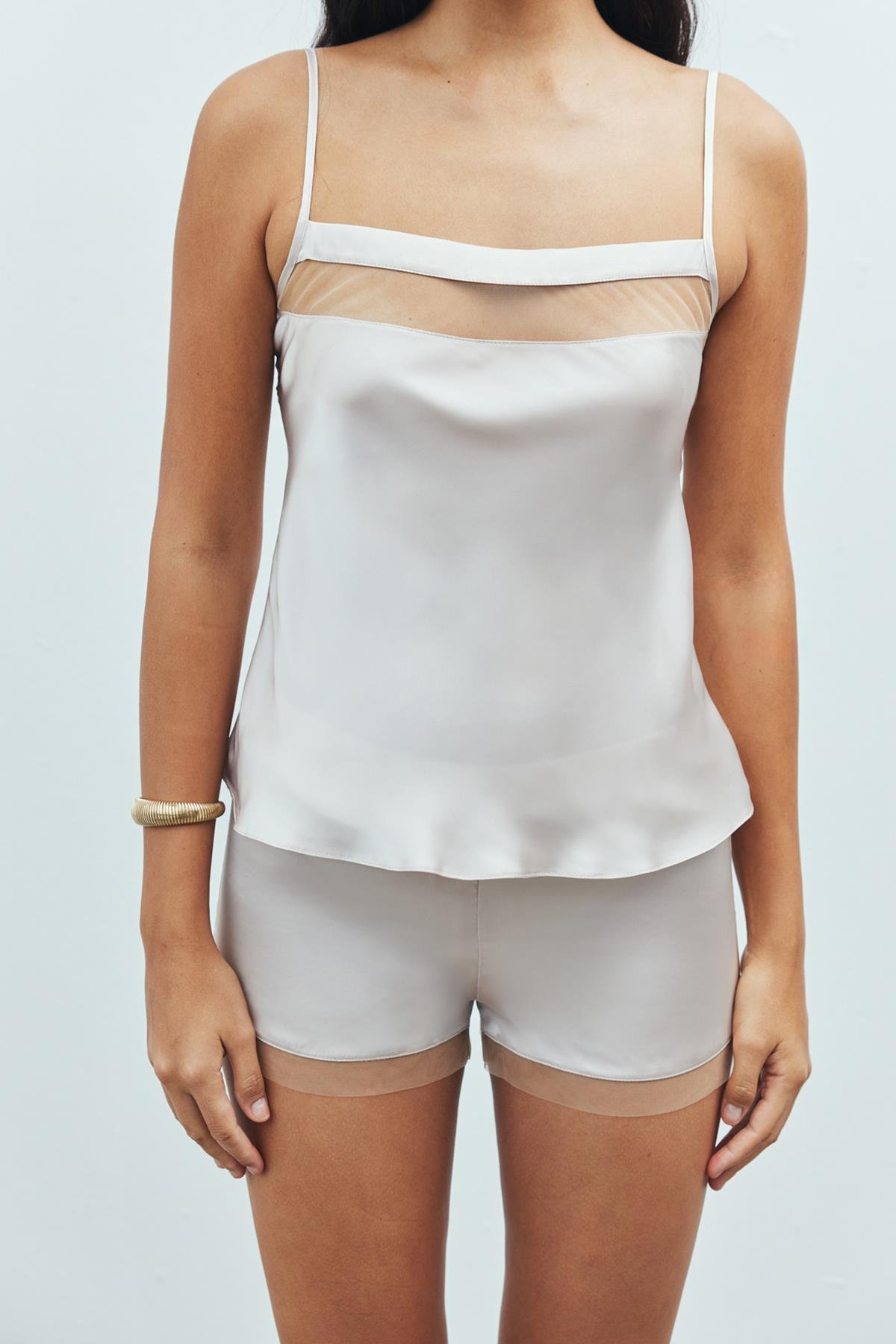 Nuit Tulle Detailed Satin Stone Color Strap Pajama Set