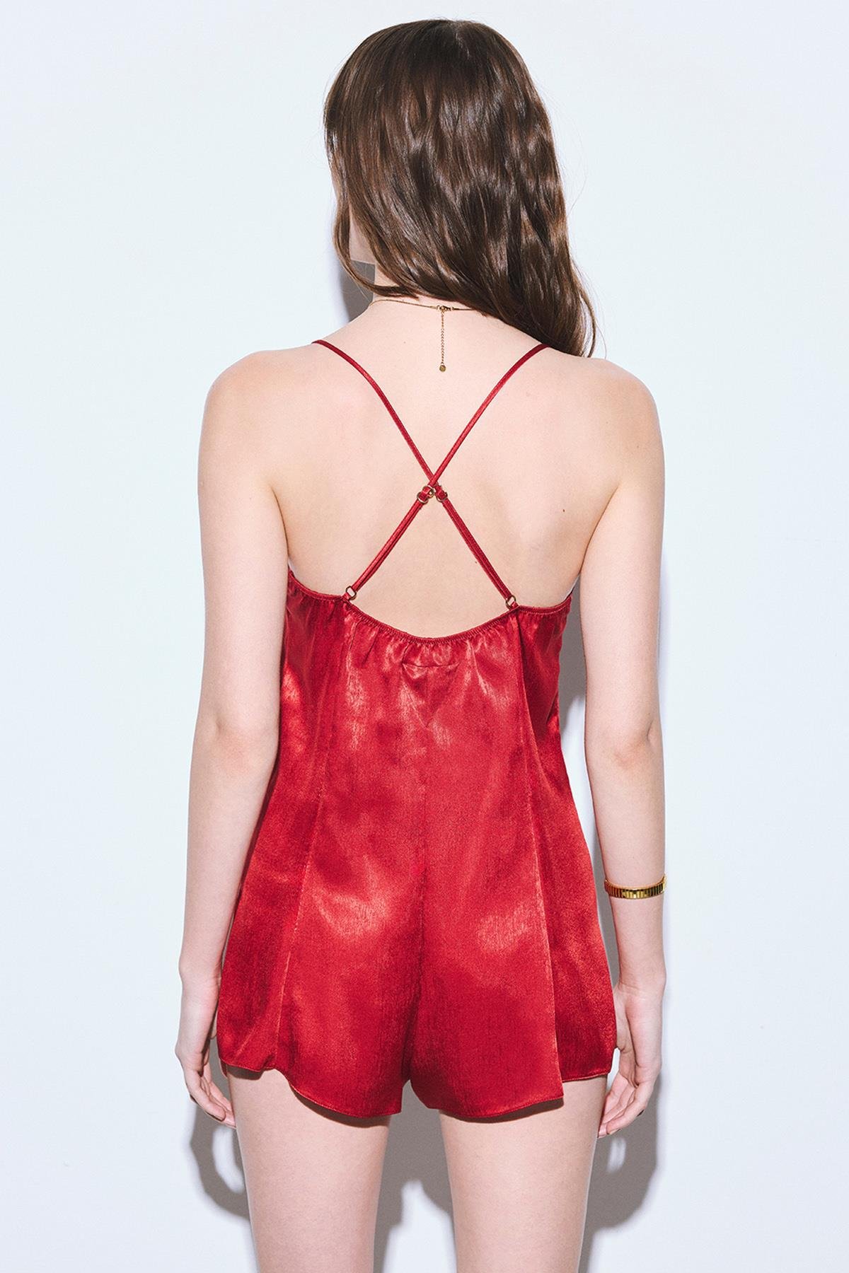 Peevish Grogren Detaylı Bordo Saten Tulum