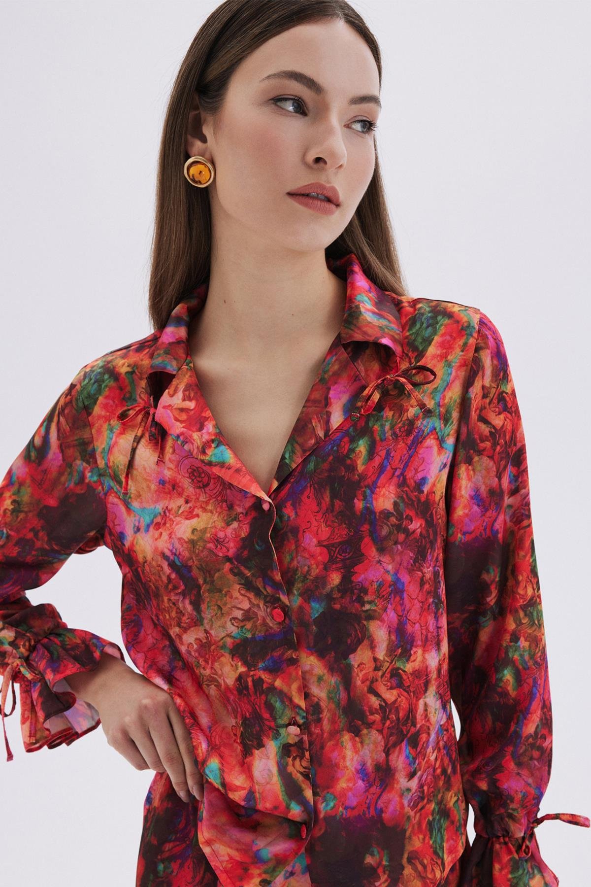 Seille Desenli Uzun Saten Pijama Takımı