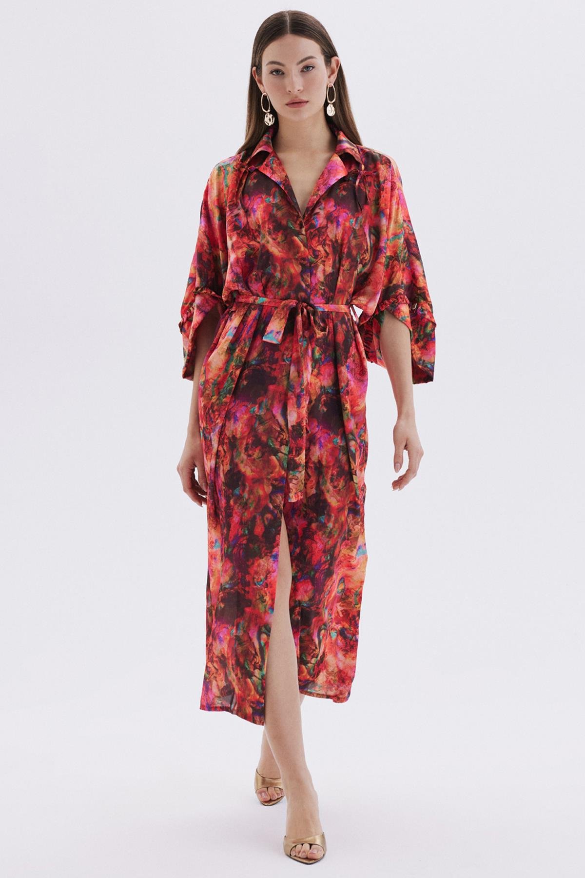 Seille Desenli Uzun Saten Sabahlık / Kimono