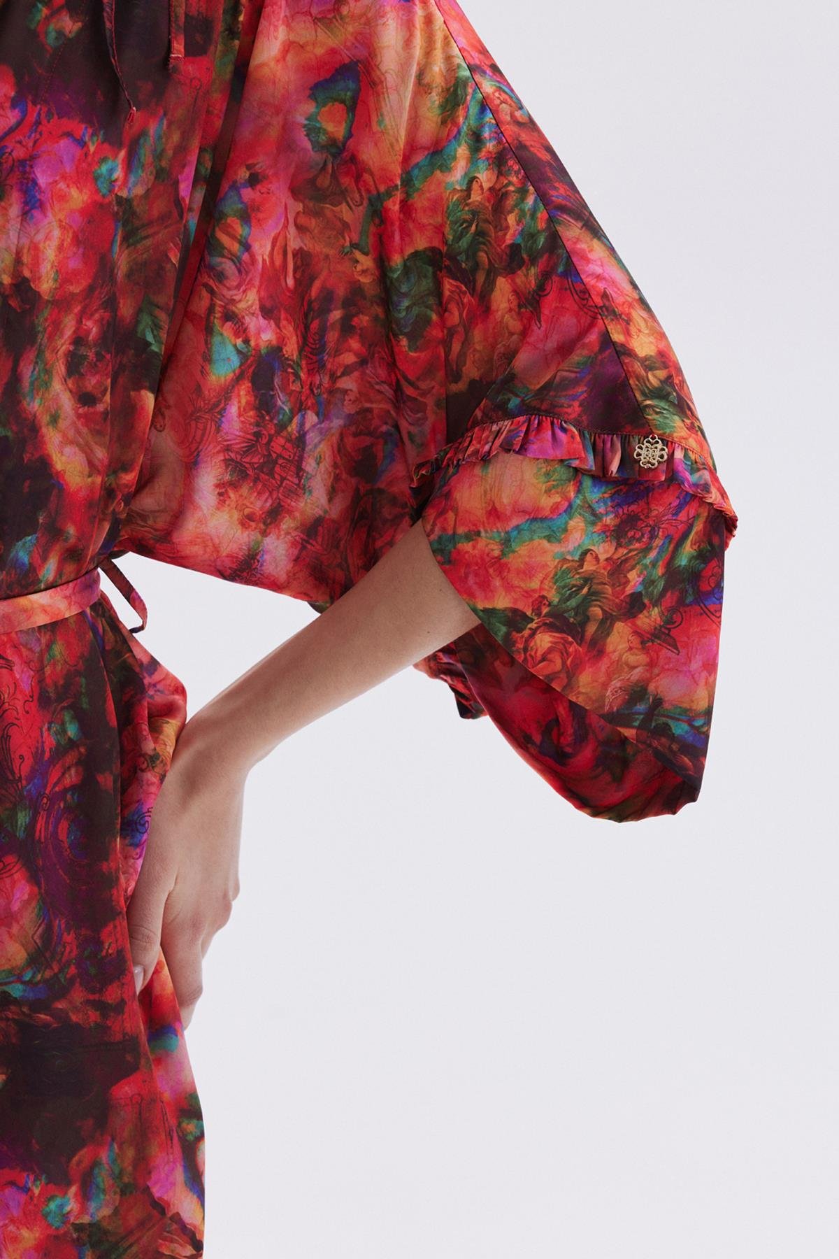 Seille Desenli Uzun Saten Sabahlık / Kimono