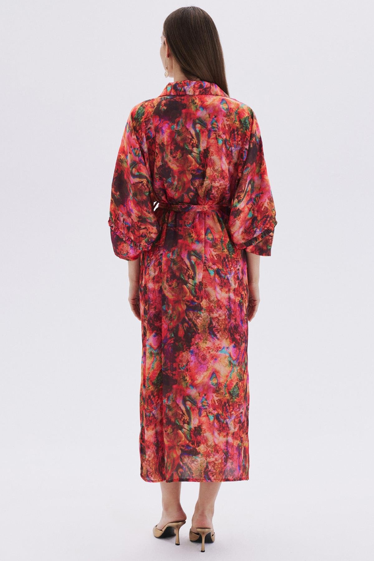 Seille Desenli Uzun Saten Sabahlık / Kimono