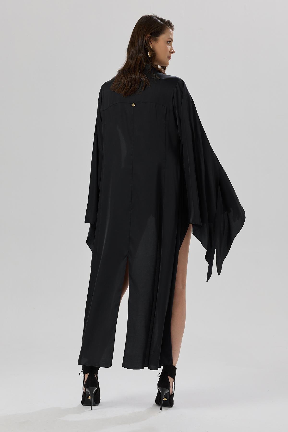 Sensure Siyah Saten Tül Detaylı Uzun Saten Sabahlık / Kimono