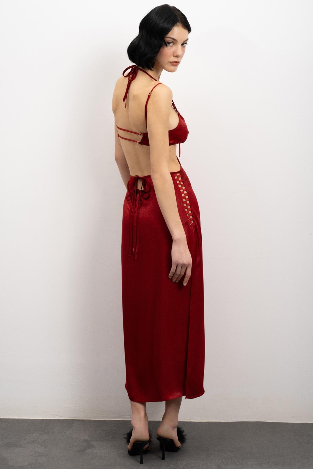 Tearer Grogren Detailed Satin Bordeaux Long Nightgown